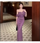女裝連身裙一字肩抹胸魚尾長裙