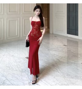 女裝禮服吊帶抹胸露背蕾絲長裙