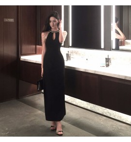 女裝禮服裙掛脖露肩鑽飾流蘇長裙