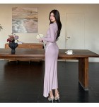 女裝連身裙立領長袖繡花長裙