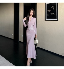 女裝連身裙立領長袖繡花長裙