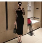 女裝連身裙圓領透視蕾絲長袖中長裙