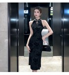少女連身裙立領無袖開叉中長裙