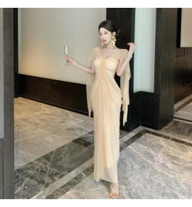 少女禮服裙一字肩抹胸露背長裙