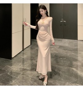 少女禮服裙V領長袖蕾絲魚尾裙