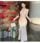 少女禮服裙V領長袖蕾絲魚尾裙