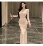 少女禮服裙V領長袖蕾絲魚尾裙