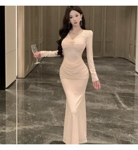 少女禮服裙V領長袖蕾絲魚尾裙