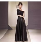 少女禮服裙V領中袖黑色長裙