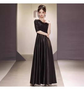 少女禮服裙V領中袖黑色長裙