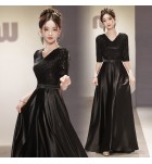 少女禮服裙V領中袖黑色長裙
