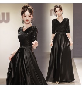 少女禮服裙V領中袖黑色長裙