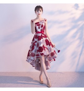 少女禮服裙半透蕾絲圓領露背前短後長裙