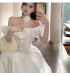 少女禮服裙一字肩荷葉邊長裙