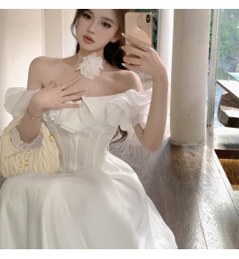 少女禮服裙一字肩荷葉邊長裙