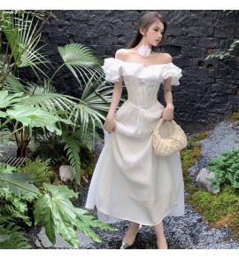 少女禮服裙一字肩荷葉邊長裙
