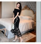 女裝性感斜肩拼接印花不規則魚尾連身裙