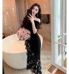 女裝性感斜肩拼接印花不規則魚尾連身裙