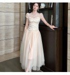 少女禮服裙圓領短袖蕾絲拼接長裙