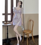 少女禮服裙方領鑲鑽泡泡袖短裙