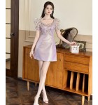 少女禮服裙方領鑲鑽泡泡袖短裙