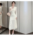 女裝禮服裙V領長袖魚尾裙