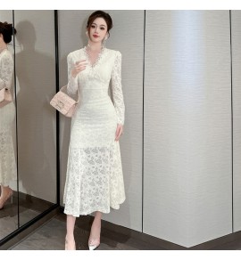 女裝禮服裙V領長袖魚尾裙