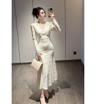 女裝禮服裙V領長袖魚尾裙