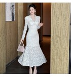 女裝禮服裙V領長袖魚尾裙