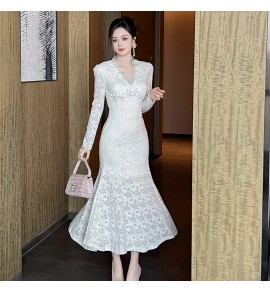 女裝禮服裙V領長袖魚尾裙