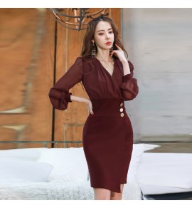少女禮服裙V領雪紡燈籠袖長裙
