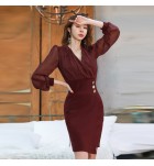 少女禮服裙V領雪紡燈籠袖長裙