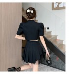 女裝套裝裙立領上衣褶皺網紗半身裙兩件套