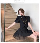 女裝套裝裙立領上衣褶皺網紗半身裙兩件套