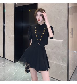 女裝套裝裙立領上衣褶皺網紗半身裙兩件套