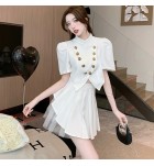 女裝套裝裙立領上衣褶皺網紗半身裙兩件套