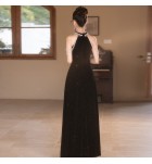 晚裝禮服裙掛脖無袖流蘇長裙 