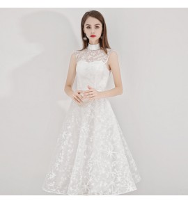 少女禮服裙立領繡花網紗無袖中裙