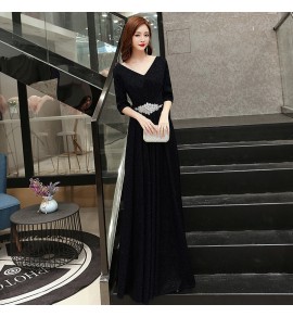 晚裝禮服V領宴會合唱團長裙 