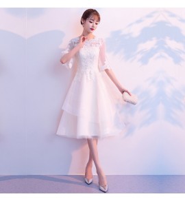 少女禮服裙花邊圓領宴會中長裙