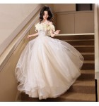 晚裝禮服裙一字肩立體花瓣長裙