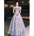 晚裝禮服裙方領泡泡袖長裙