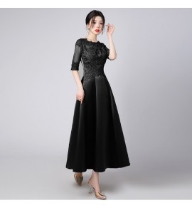 少女禮服裙透視蕾絲圓領長裙