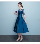 女裝禮服裙圓領蕾絲貼花中長裙
