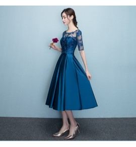 女裝禮服裙圓領蕾絲貼花中長裙