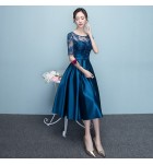 女裝禮服裙圓領蕾絲貼花中長裙