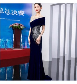 晚裝禮服裙圓領斜肩收腰魚尾裙