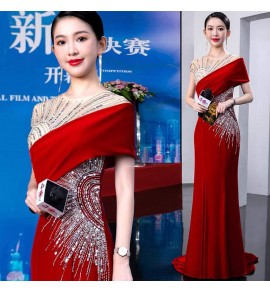晚裝禮服裙圓領斜肩收腰魚尾裙