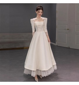 晚裝禮服裙方領中袖白色長裙
