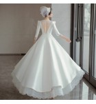 晚裝禮服裙方領中袖白色長裙